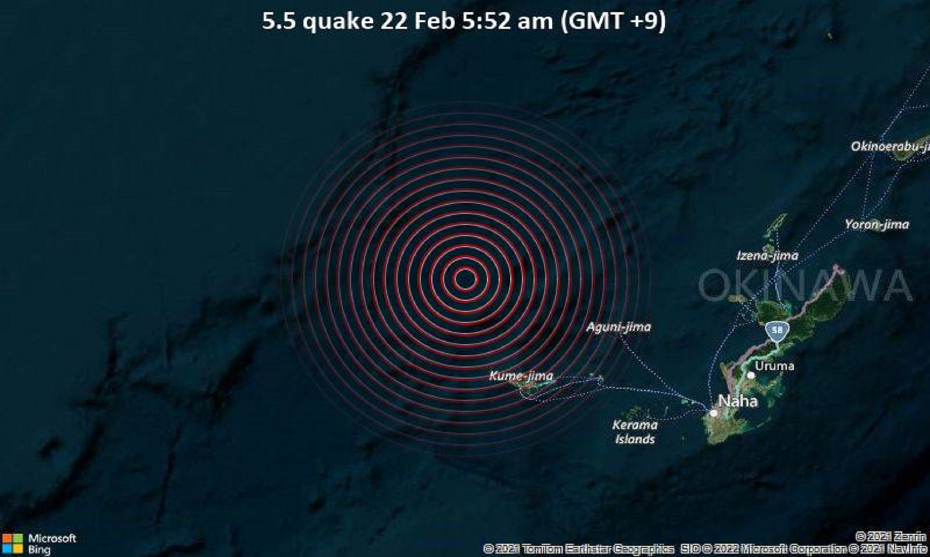 5.5-Magnitude Quake Hit 136 Km NW Of Naha, Japan