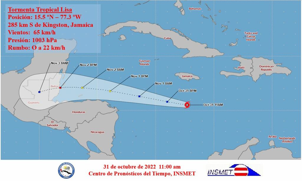 Tropical storm Lisa forms in the central Caribbean Sea