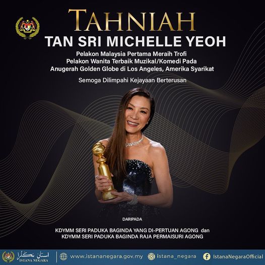 Malaysian King, Queen congratulate Michelle Yeoh over golden globe success