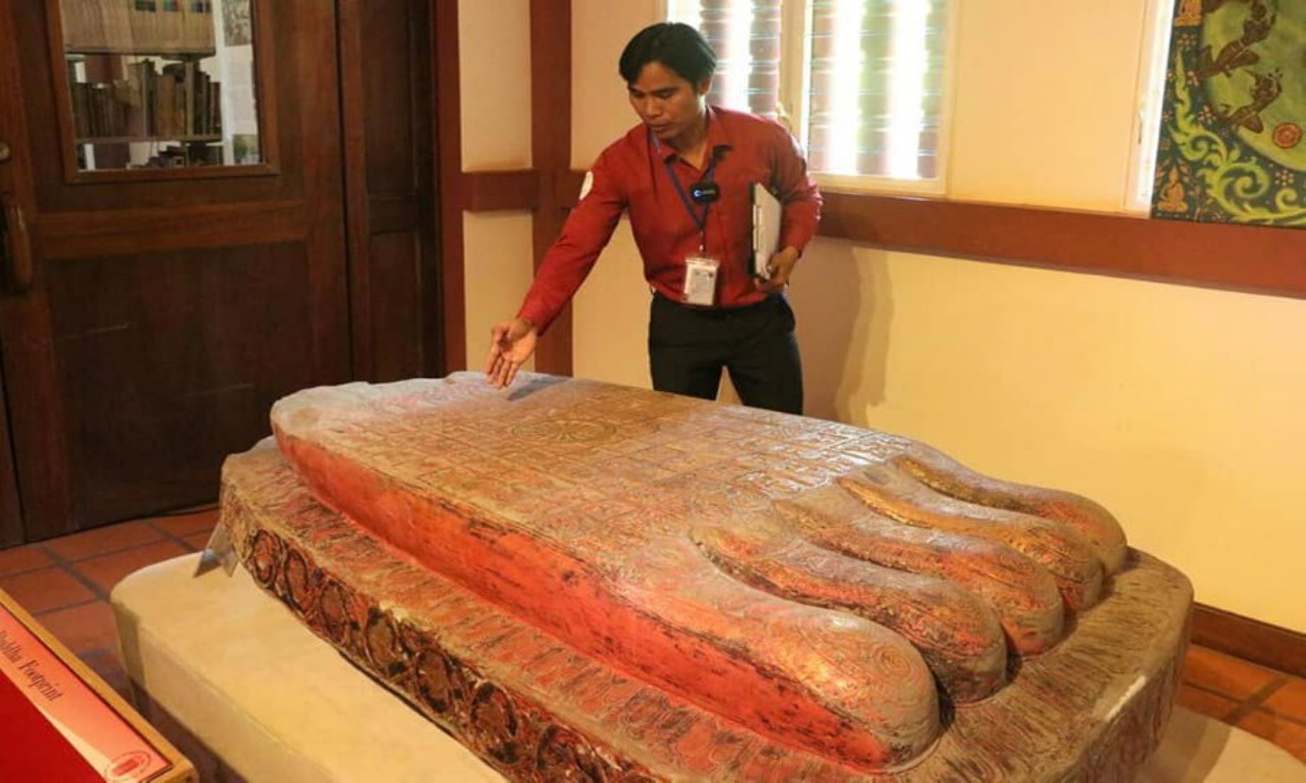 Centuries-Old Three-Tonne Buddha Footprint Statue Exhibited At Museum In Cambodia