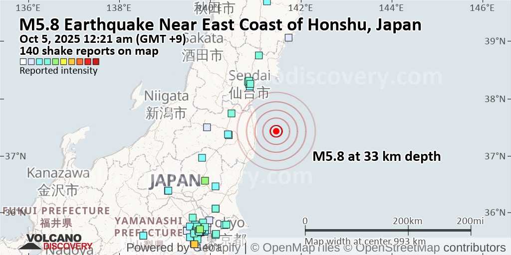 6.0-Magnitude Quake Hits Near East Coast Of Honshu, Japan